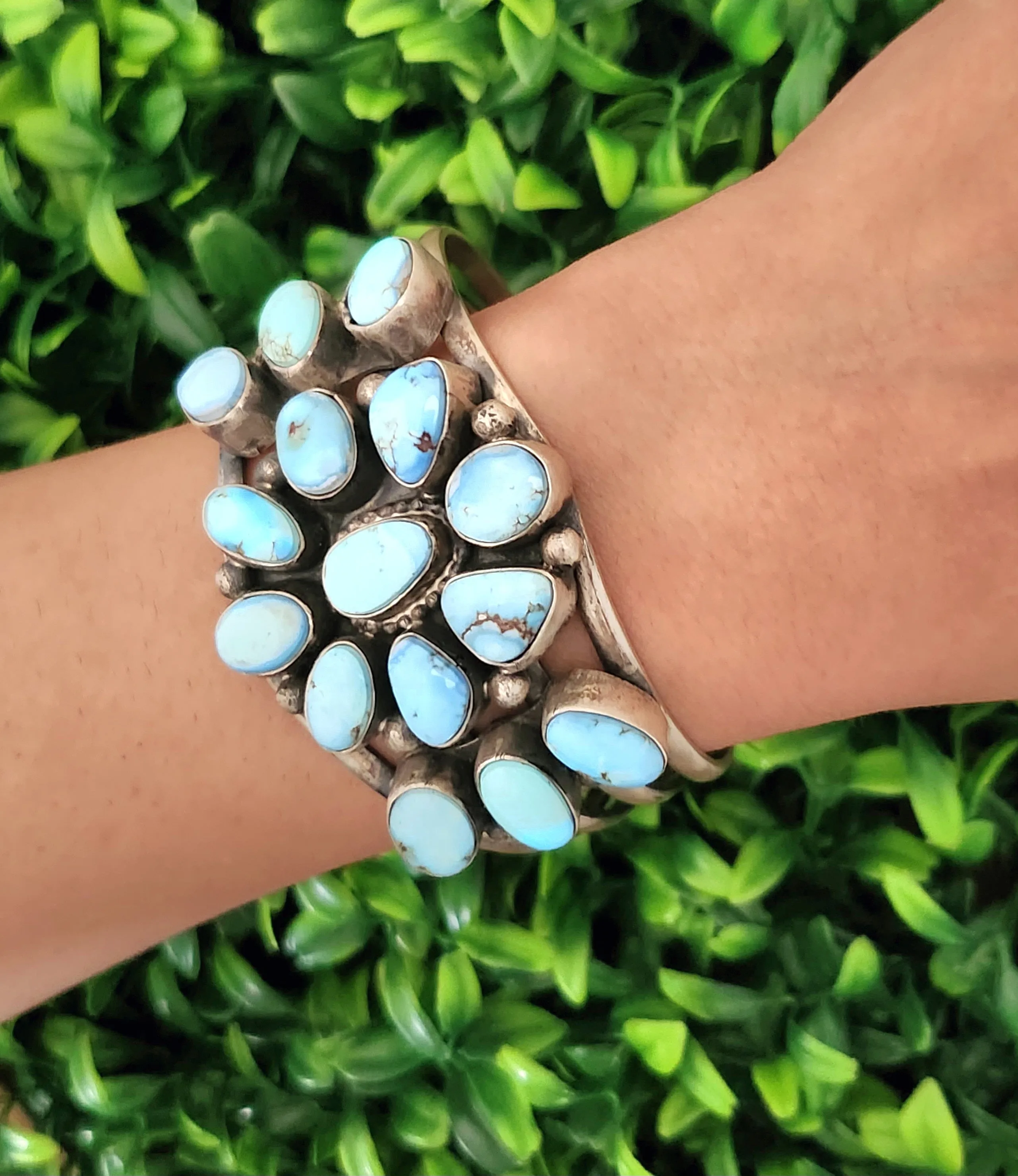 Stamped Sterling Silver Golden Hills Turquoise Cluster Cuff Bracelet