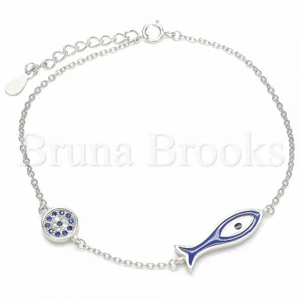 Sterling Silver 03.336.0078.07 Fancy Bracelet, Fish Design, with Sapphire Blue and White Micro Pave, Blue Enamel Finish, Rhodium Tone