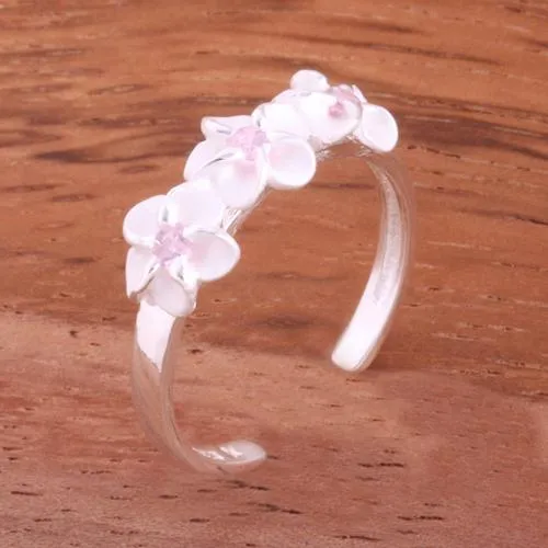 Sterling Silver 3 Plumeria with CZ Toe Ring (Clear CZ/Pink CZ) 2mm