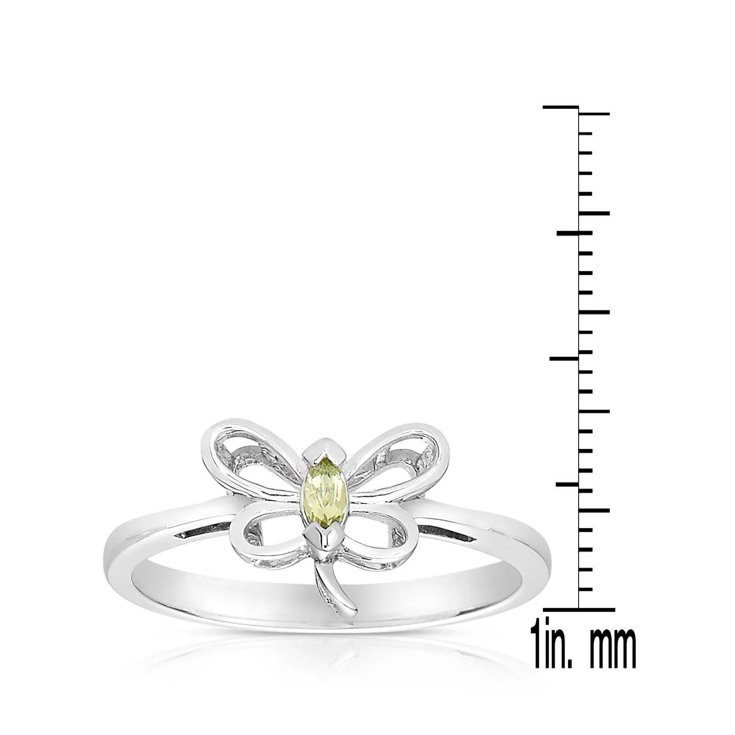 Sterling Silver White Gold Plated with Peridot Tourmaline Gemstone Butterfly Ring for Kids/Teens