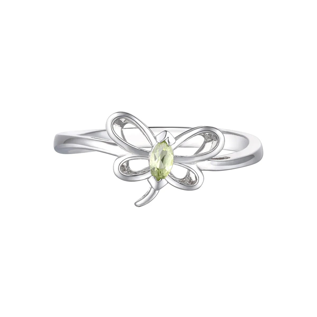 Sterling Silver White Gold Plated with Peridot Tourmaline Gemstone Butterfly Ring for Kids/Teens