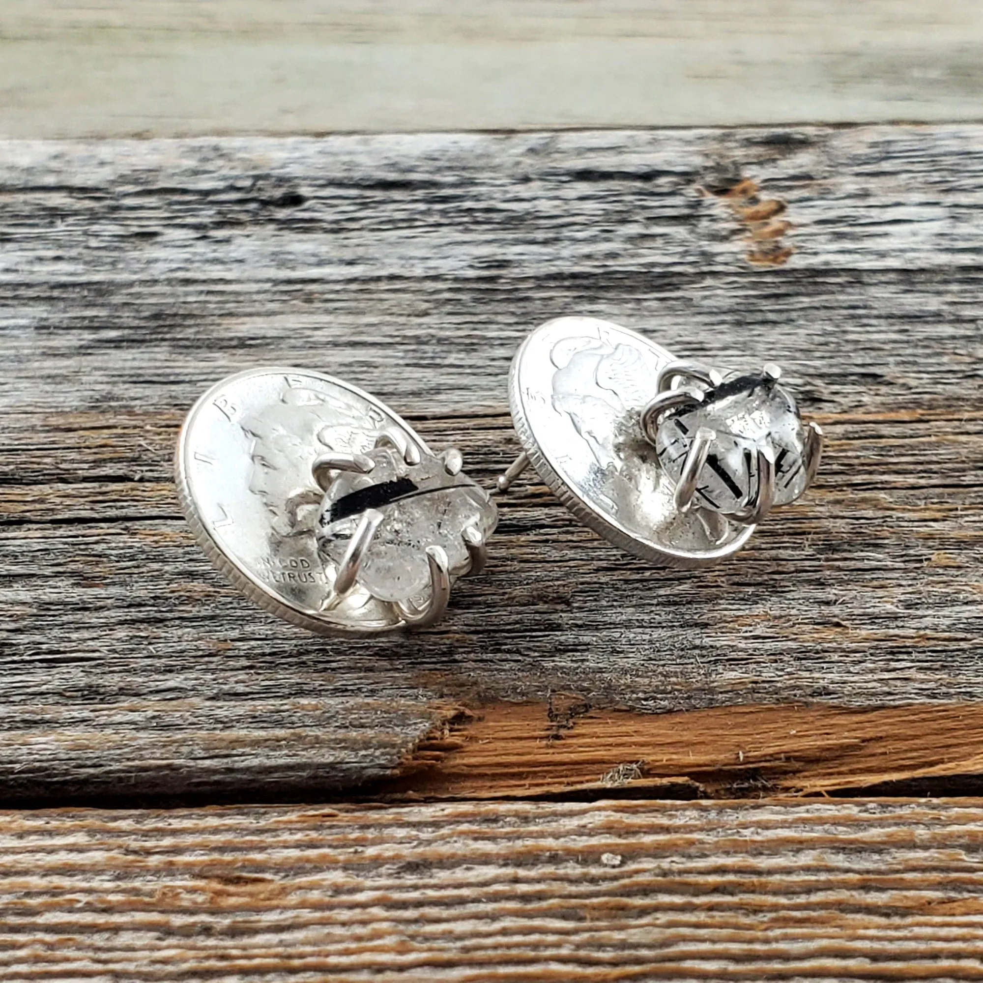 Tourmalinated Quartz Mercury Dime Stud Earrings