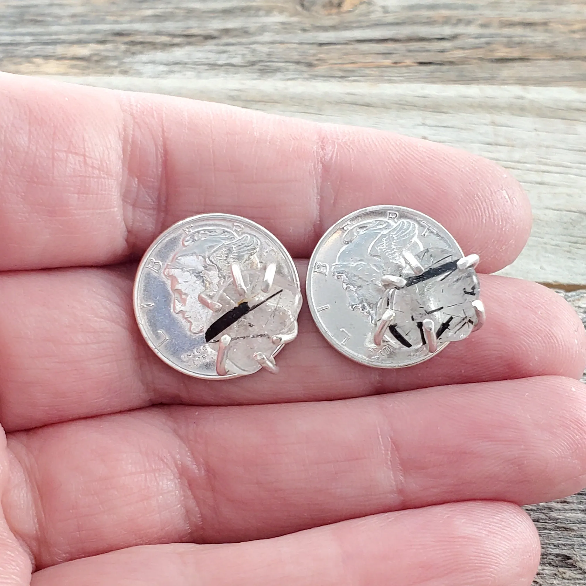 Tourmalinated Quartz Mercury Dime Stud Earrings