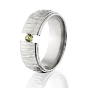 Tree Bark Ring, Tension Set Peridot, Titanium Ring