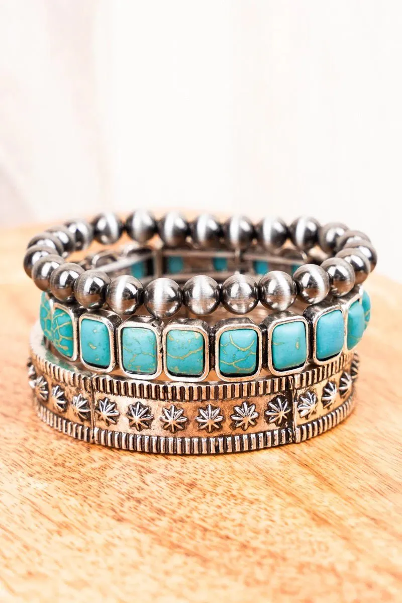 Turquoise and Silver Pearl Bracelet Stack