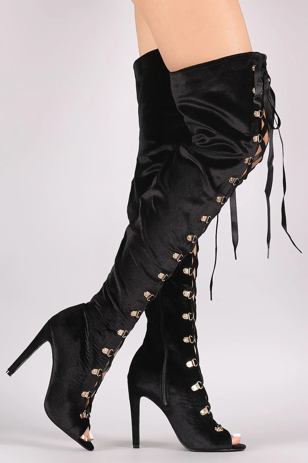 Velvet Ribbon Lace-Up Stiletto Over-The-Knee Boots