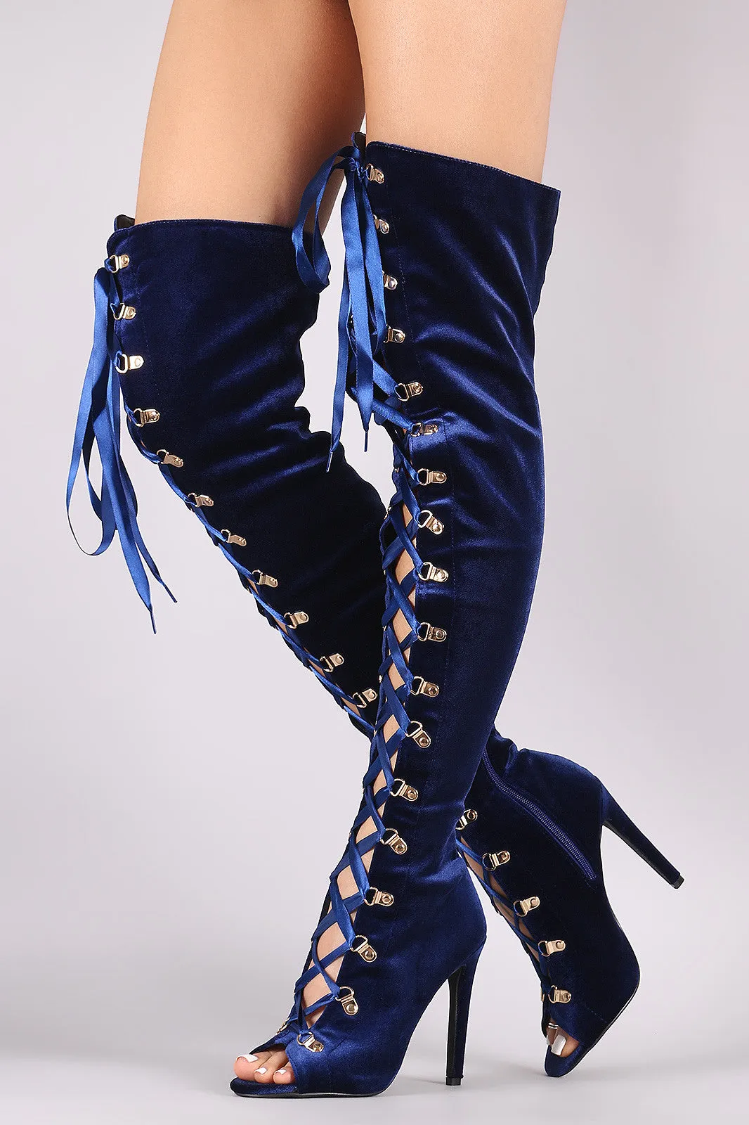 Velvet Ribbon Lace-Up Stiletto Over-The-Knee Boots