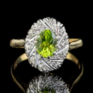 Vintage Peridot Diamond Cluster Ring 18Ct Gold 1.25Ct Peridot