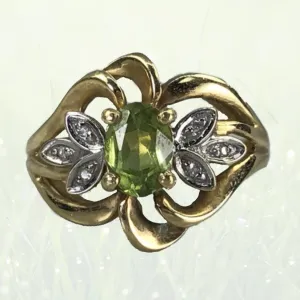 Vintage Peridot Diamond Ring. 10K Yellow Gold. August Birthstone. 16th Anniversary Gift.