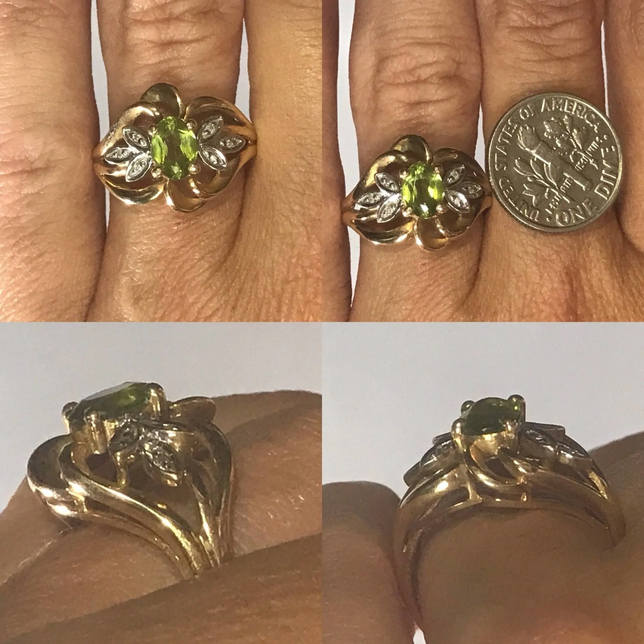 Vintage Peridot Diamond Ring. 10K Yellow Gold. August Birthstone. 16th Anniversary Gift.