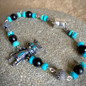 Vintage Sterling Kachina Bracelet with Genuine Turquoise, Shungite Beads