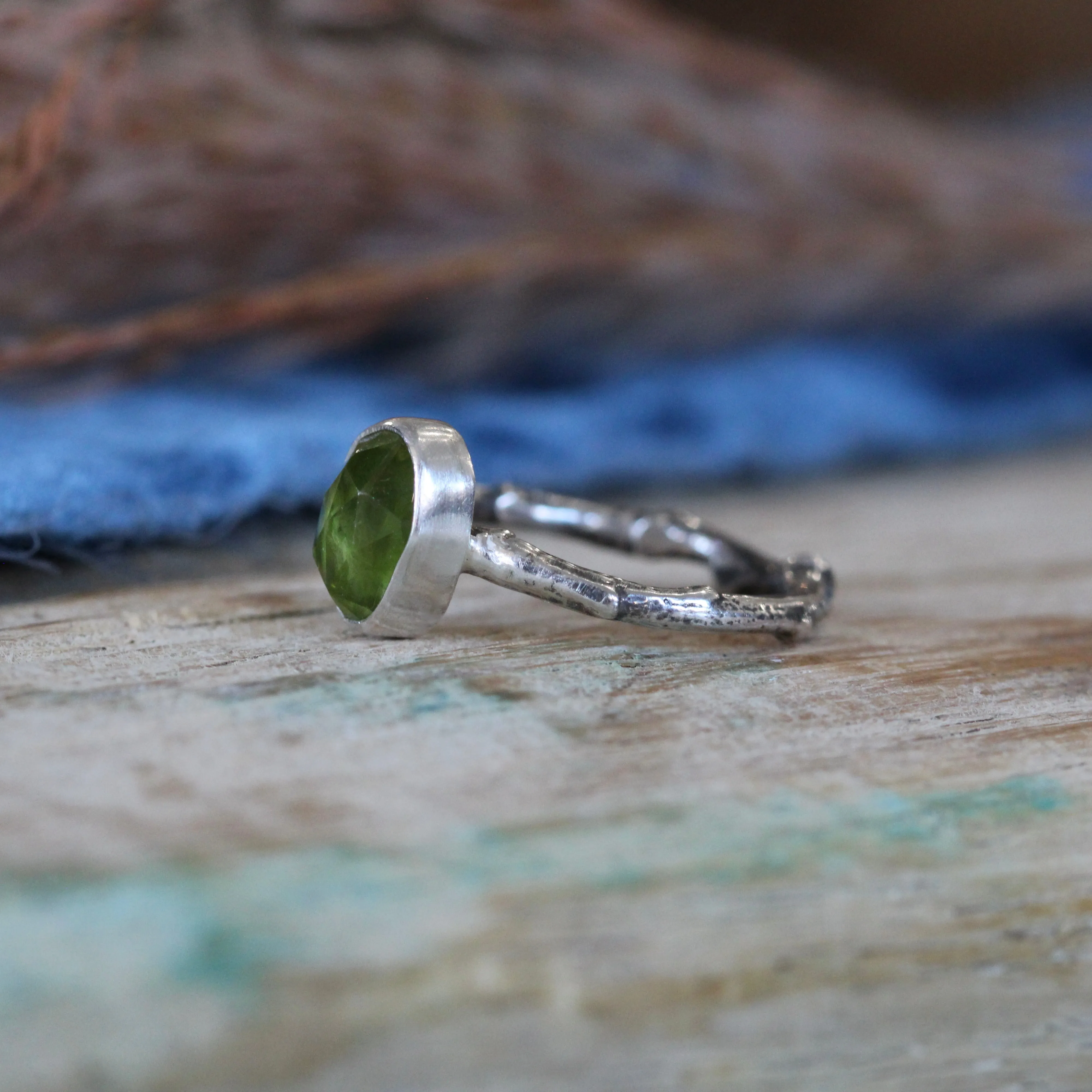 Wanderer Ring Peridot and sterling silver cast branch