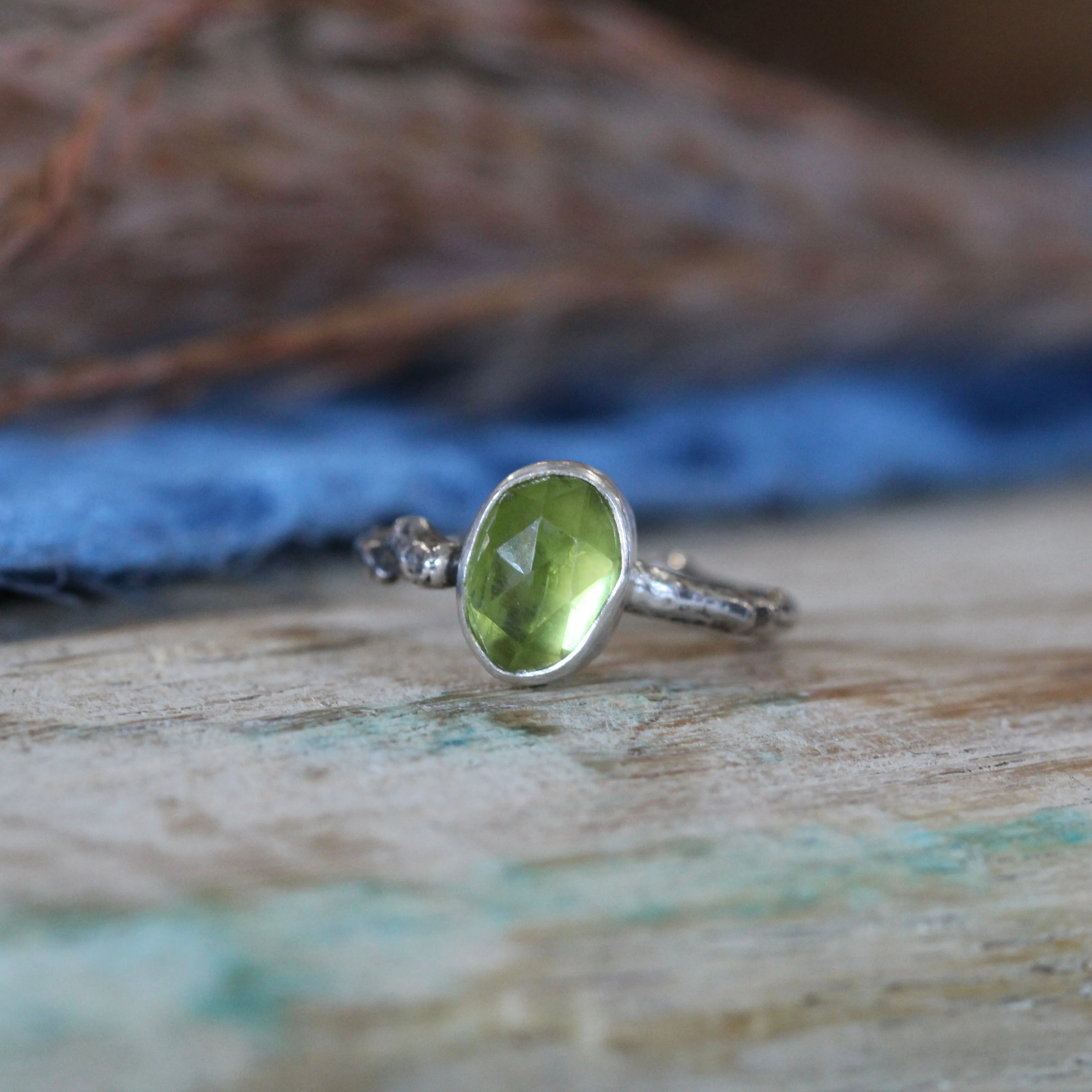 Wanderer Ring Peridot and sterling silver cast branch